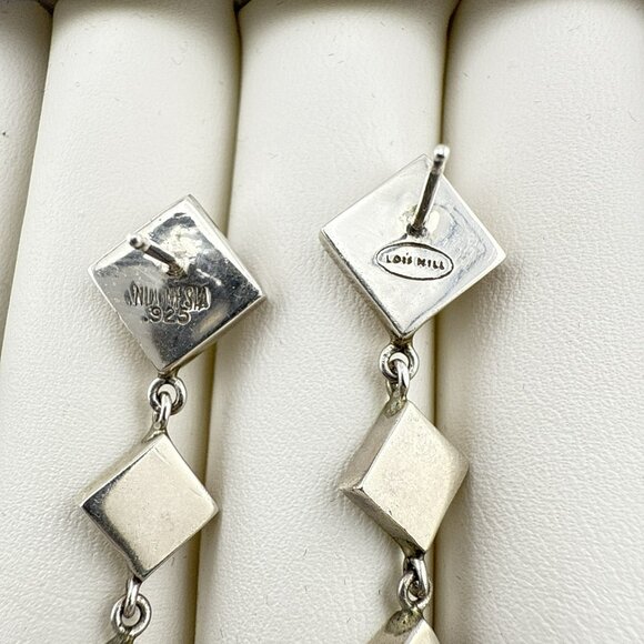 Vintage Lois Hill Earrings Sterling Silver Dangle Granulated Geometric Modernist - Picture 7 of 9